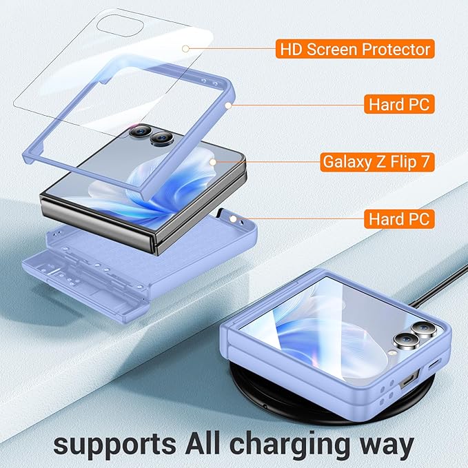 Temdan for Samsung Galaxy Z Flip 7 Case with [Built-in Front Screen Protector] [Kickstand][Hinge Protection][Hard PC] Ultra-Thin Shockproof Protective Phone Case for Galaxy Z Flip 7-LightBlue