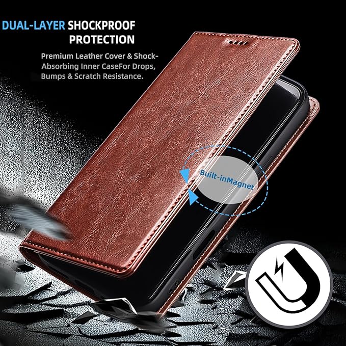 for Samsung Galaxy S23 Ultra Wallet Case, Genuine Leather Flip Folio Cover with RFID Blocking Card Holder & Kickstand, [Shockproof TPU Inner Shell] for Samsung Galaxy S23 Ultra, Brown