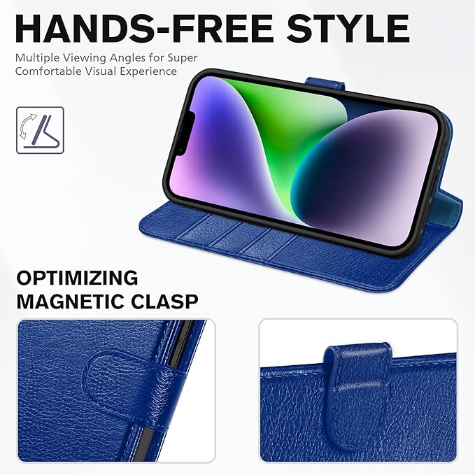 TUCCH Wallet Case for iPhone 14 6.1", Flip PU Leather Magnetic Protective Cover with [RFID Blocking] [4 Card Slots] Stand [TPU Interior Case] Compatible with iPhone 14 6.1, Klein Blue