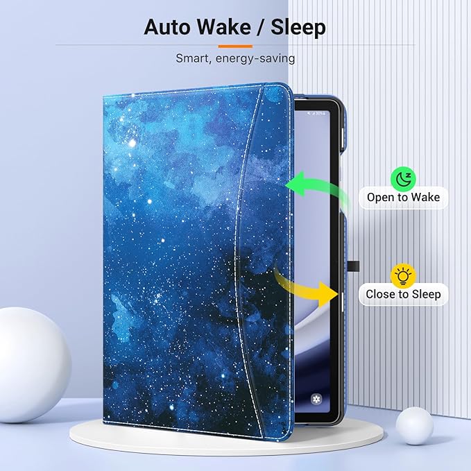 MoKo Case for Samsung Galaxy Tab A9 Plus 11" 2023 (SM-X210/SM-X216/SM-X218), PU Leather Multi-Angle Viewing Folding Stand Cover Case with Hand Strap, Front Pocket, Auto Wake/Sleep, Blue Starry Sky