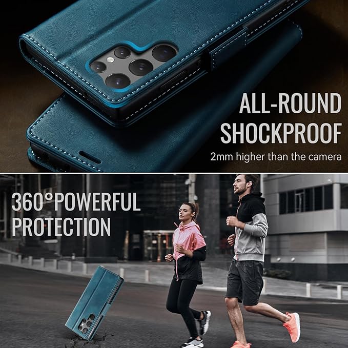 Wallet Case for Samsung Galaxy S23 Ultra Leather Wallet Flip Cover with Card Holder, Kickstand, Magnetic Closure, RFID Blocking TPU Shockproof Phone Case Compatible with S23 Ultra,Blue-Green