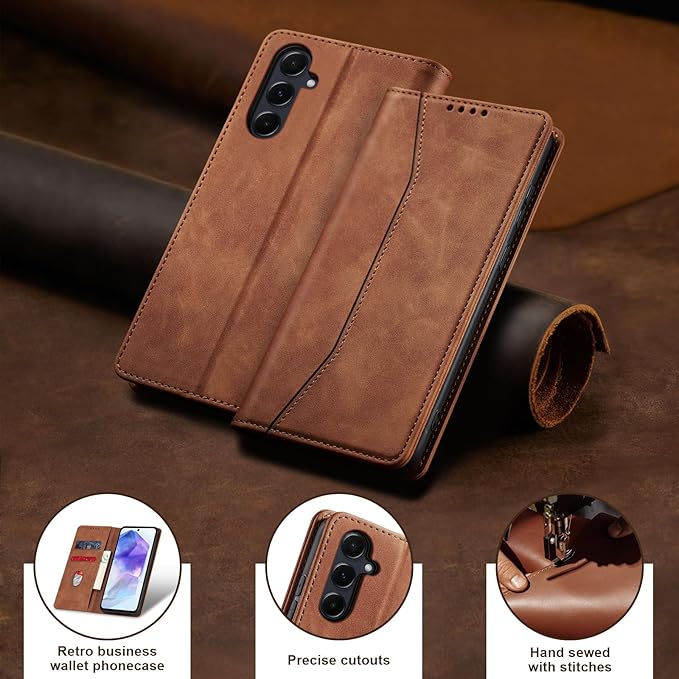 Jasonyu Flip Wallet Case for Samsung Galaxy A55,Leather Magnetic Folio Cover with Card Holder,Kickstand - TPU Shockproof Durable Protective Phone Case,Brown
