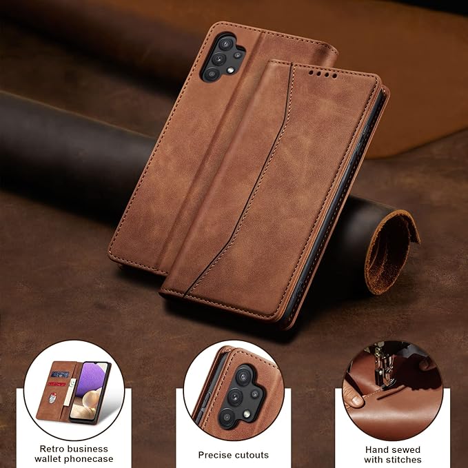 Jasonyu Flip Wallet Case for Samsung Galaxy A32 5G,Leather Magnetic Folio Cover with Card Holder,Kickstand - TPU Shockproof Durable Protective Phone Case,Brown
