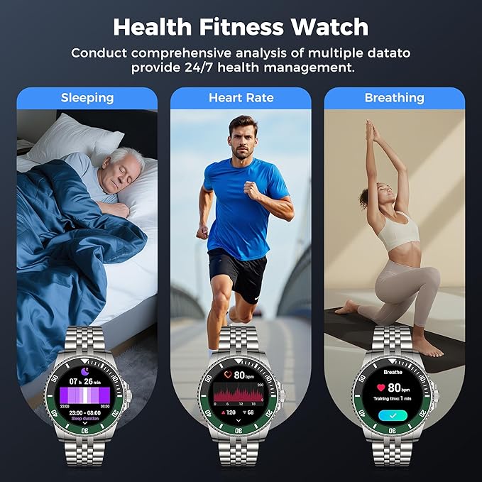 AI Smart Watch for Men Women -1.19" Luxury Smartwatch with Bluetooth Call, 24/7 Heart Rate, 100+ Exercise Modes, Fitness Sleep Monitor for iPhone Android, 2025, Silver Green