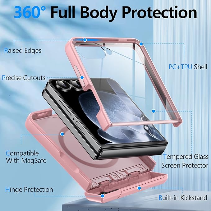 for Samsung Galaxy Z Flip 7 Case Fit for Magsafe [Hinge Protection＆ Kickstand][Built-in Screen Protector][Translucent Matte] 15FT Military Shockproof Full Body Phone Case for Z Flip 7,Pink