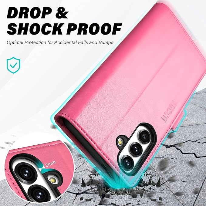 TUCCH Case Wallet for Galaxy S25 Plus, PU Leather Magnetic Kickstand [RFID Blocking] Card Slot Folio Flip Cover with [TPU Shockproof Interior Case] Compatible with Galaxy S25 Plus 6.7" 2025, Hot Pink