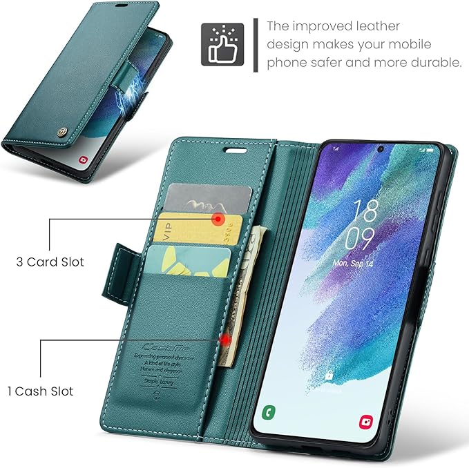 Case for Samsung Galaxy S21 FE Wallet Case, RFID Blocking PU Leather Flip Folio Cover Card Holder Kickstand Shockproof Phone Case Compatible with Samsung Galaxy S21 FE, Blue Green