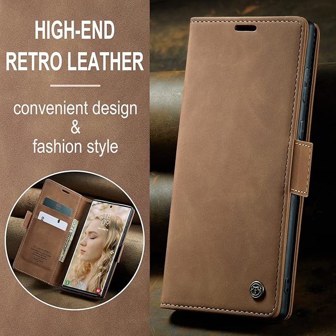 SINIANL for Samsung Galaxy S23 Ultra Leather Case, Vintage Wallet Case Book Folding Flip Case with Kickstand Card Holders Slots Protective Cover for Galaxy S23 Ultra Brown