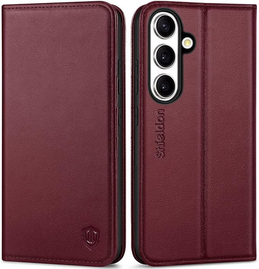 SHIELDON Case for Galaxy S25 5G 6.2", Genuine Leather Wallet Flip Magnetic Cover RFID Blocking Credit Card Slot Kickstand Shockproof Protective Case Compatible with Galaxy S25 2025 - Nappa Wine Red
