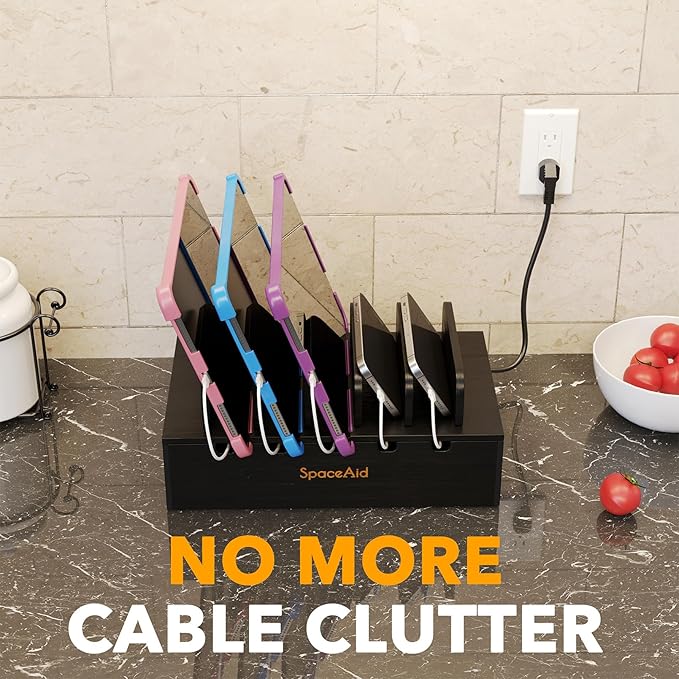 SpaceAid Bamboo Charging Station for Multiple Devices, Cell Phone Docking Stations for Multi Laptop, Tablets and iPads, Nightstand Bedside Desk Device Charger Organizer (Black)