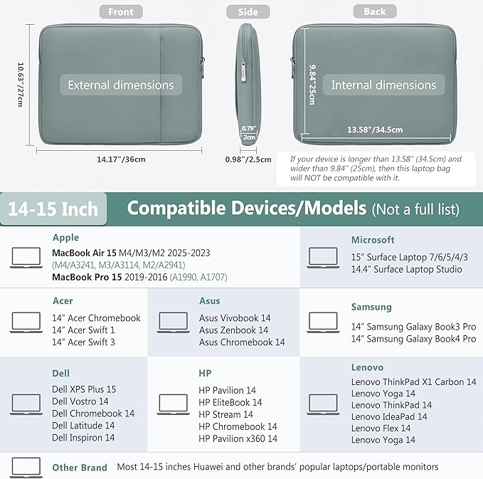 HYZUO 14-15 Inch Laptop Sleeve Bag Set for MacBook Air 15 M4/M3/M2, MacBook Pro 15, XPS 14/15 Plus, 15" Surface Laptop, Notebook Case for 14" HP Lenovo ThinkPad Asus Acer Huawei, Ash Blue