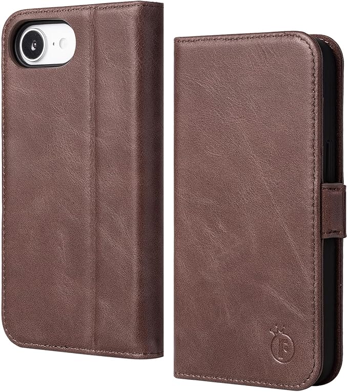 Case for iPhone 16e 6.1", Genuine Leather Wallet Magnetic Cover RFID Blocking Card Slot Kickstand Shock-Absorbent TPU Phone Holder Case Compatible with iPhone 16e 2025 5G (Darkbrown)