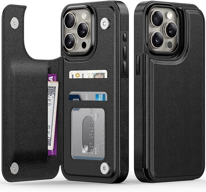 FUNMIKO for iPhone 13 Pro Wallet Case with Card Holder, RFID-Blocking, Military-Grade Protection & UV-Printed Artwork, Magnetic Closure with Leather Kickstand - Black