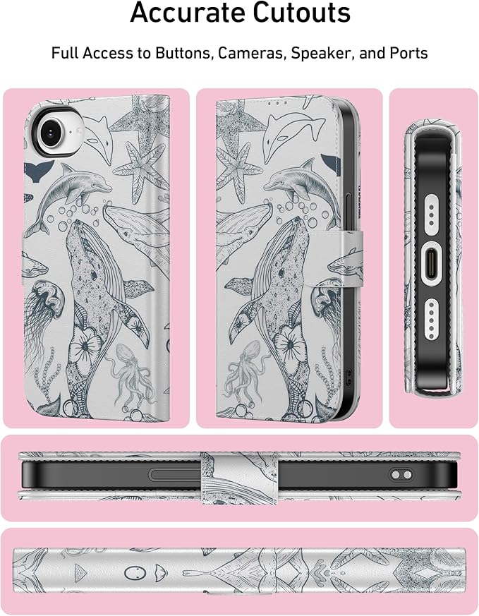 DEENAKIN for iPhone 16e Wallet Case with Card Holder + Cash Clip, RFID-Blocking, Military-Grade Drop Protection, Magnetic Closure with Leather Kickstand - Dynamic Marine Life