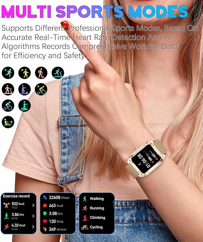 Smart Watch for Women, 1.59'' Full Touch Women's Smartwatch with Female Health Tracking, Fitness Tracker Heart Rate Monitor, Waterproof Sports Smartwatch for Android iOS (Gold Mesh RT-i98)