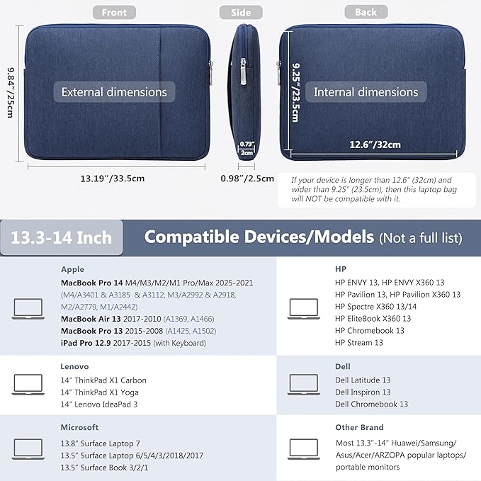 HYZUO 13.3-14 Inch Laptop Sleeve Bag Set for MacBook Pro 14 M4/M3/M2/M1, MacBook Air/Pro 13.3, 13.5"/13.8" Surface Book/Laptop, Notebook Case for 13.3" HP Dell Lenovo Asus Acer, Navy Blue