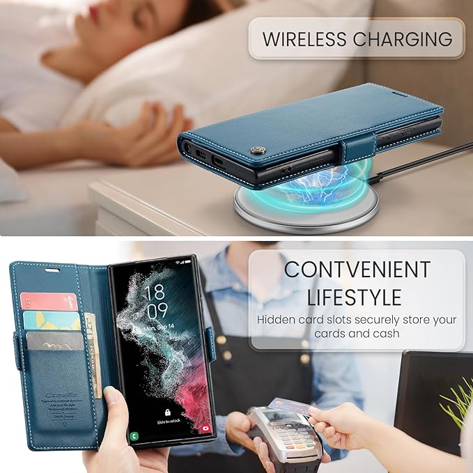 Case for Samsung Galaxy S22 Ultra Wallet Case, RFID Blocking PU Leather Flip Folio Cover Card Holder Kickstand Shockproof Phone Case Compatible with Samsung Galaxy S22 Ultra, Blue