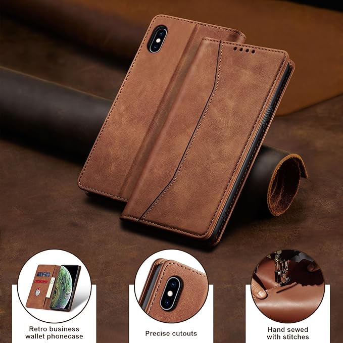 Jasonyu Flip Wallet Case for iPhone X/XS,Leather Magnetic Folio Cover with Card Holder,Kickstand - TPU Shockproof Durable Protective Phone Case,Brown