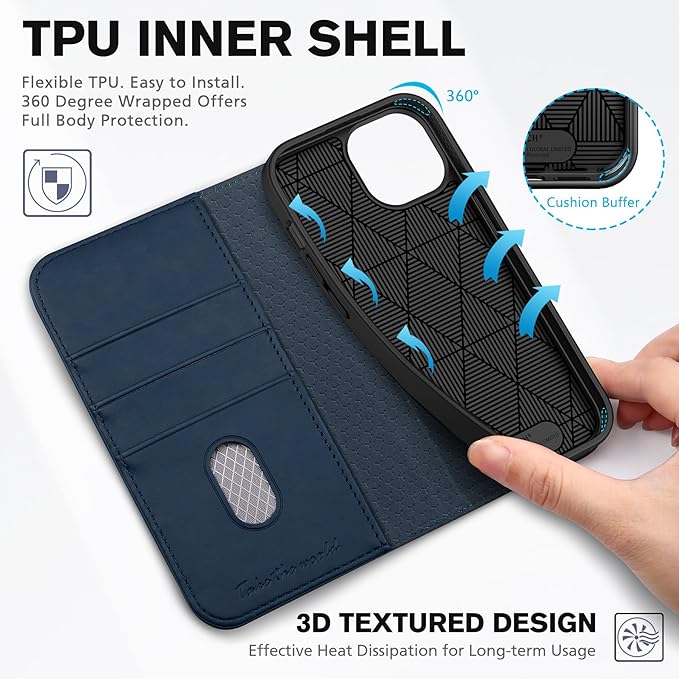 TUCCH Wallet Case for iPhone 15 5G, PU Leather Folio Case with [RFID Blocking] [3 Card Slot], Kickstand Book Design [Shockproof TPU Interior Case] Compatible with iPhone 15 6.1-inch 2023, Dark Blue