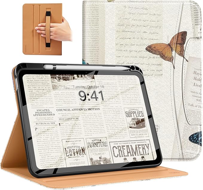 MoKo for iPad (A16) 11th Generation Case 11 inch 2025, iPad 10th Generation Case 10.9" 2022 with Pencil Holder & Pocket, Premium Leather Folio Stand Cover, Multiple Viewing Angles, Vintage Butterfly