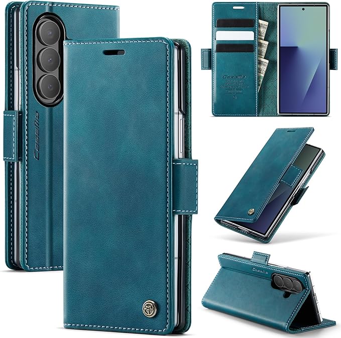 for Samsung Galaxy Z Fold 7 Case, Flip Wallet Leather Case with Card Holder Magnetic Closure Shockproof Kickstand Protective Phone Cases Cover for Galaxy Z Fold 7, Blue-Green