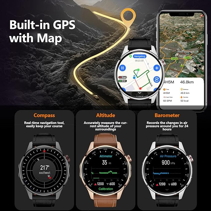 Smart Watch for Men Built-in GPS with Map, 1.46" AI Smartwatch with Health Monitor for Android Phones/iPhone, 100+ Sport Modes Fitness Tracker with Compass/Altitude/Barometer, Text Reply(2 Bands)