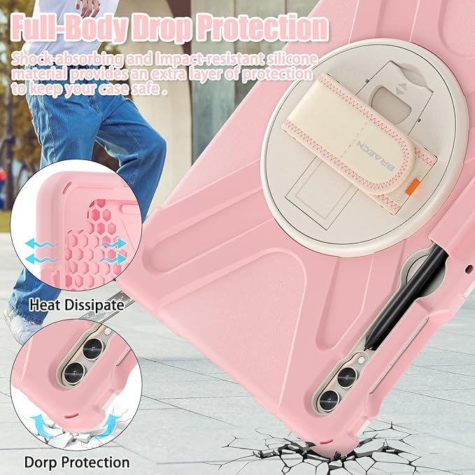 BRAECNstock for Samsung Galaxy Tab S10+ Plus/ S9 FE+ Plus/ S9+ Plus/ S8+ Plus/ S7 FE/ S7+ Plus 5G Case 12.4" Shockproof Protective Kids Cover with Rotating Hand Strap & Stand Pen Holder - Sakura Pink