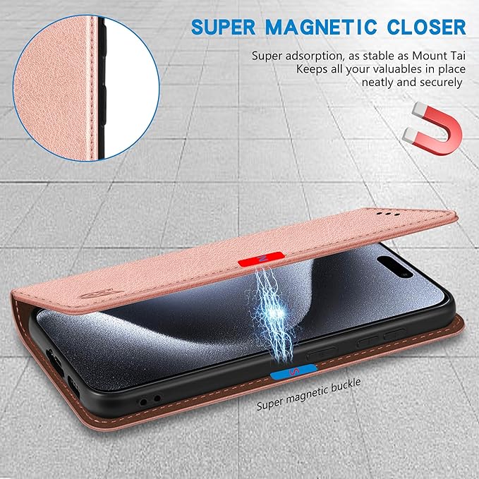 ZZXX for iPhone 15 Pro Wallet Case with [RFID Blocking] Card Slot Stand Strong Magnetic Leather Flip Fold Protective Phone Case for iPhone 15 Pro Case Wallet(Rose Gold-6.1 inch)