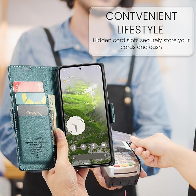 for Google Pixel 9/9 Pro Case, Premium PU Leather Wallet Case Flip Cover with [RFID Blocking][Card Holder][Stand Function] Shockproof Protective for Google 9/9 Pro, Blue-Green