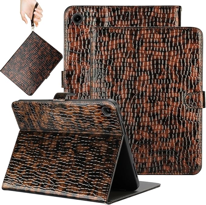 Elegant Case for Samsung Galaxy Tab A9 Plus 11 Inch 2023（Model: SM-X210/X216/X218）, Premium Leather Crocodile Cover | Stand | Card Pockets| Wrist Strap| S Pen Holder (Brown+Gold)