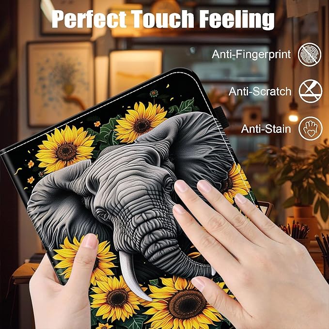 Case for Samsung Galaxy Tab S9 FE 5G 10.9 Inch/Galaxy Tab S9 11 Inch 2023,Card Slot PU Leather TPU Case Pen Holder Auto Wake Sleep,Sunflower Elephant