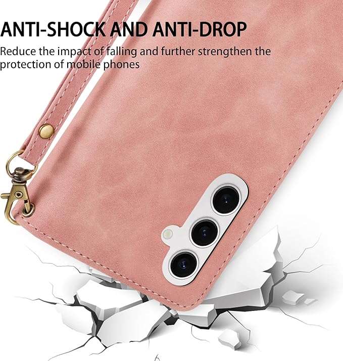 ZZXX for Samsung Galaxy S24 Plus Wallet Case with RFID Blocking Card Slot PU Leather Zipper Flip Folio with Strap Kickstand Protective Cover for Samsung Galaxy S24+ Case Wallet(Pink-6.7 inch)