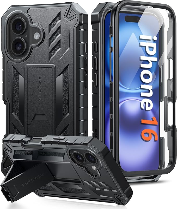 FNTCASE for iPhone 16 Phone Case: for iPhone 16 case with Kickstand Shockproof Military Grade Protective Cover - Dual Layer Full Protection Sturdy Matte Textured Drop Proof - 6.1 Inch Black