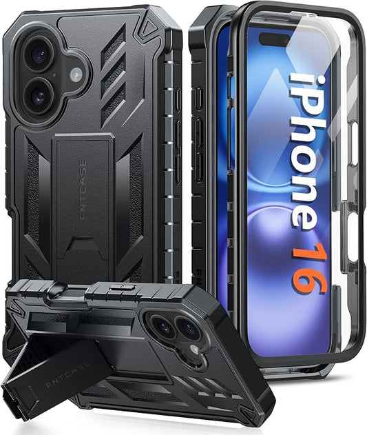 FNTCASE for iPhone 16 Phone Case: for iPhone 16 case with Kickstand Shockproof Military Grade Protective Cover - Dual Layer Full Protection Sturdy Matte Textured Drop Proof - 6.1 Inch Black