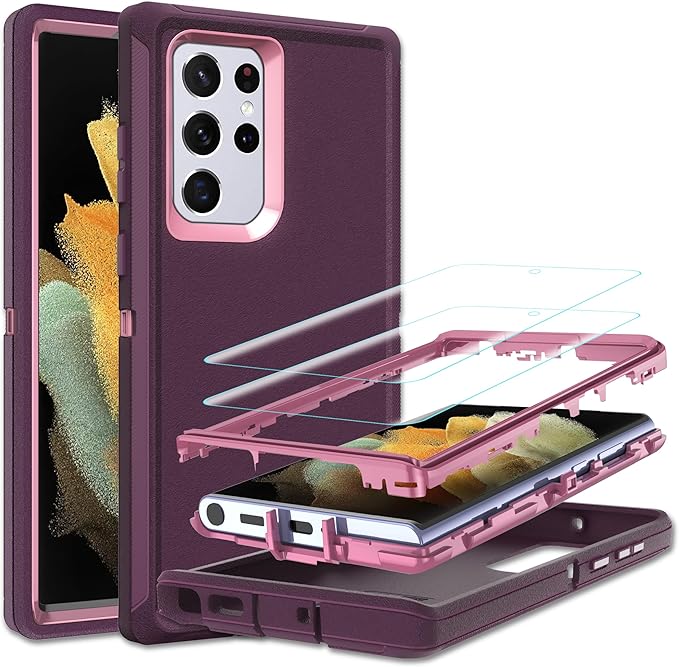 for Samsung Galaxy S22 Ultra Case, with [2 Pack] HD Screen Protector, [Military-Grade] Shockproof Dust/Drop Proof 3-Layer Full Body Protection Heavy Duty Case for Galaxy S22 Ultra, Deep Purple