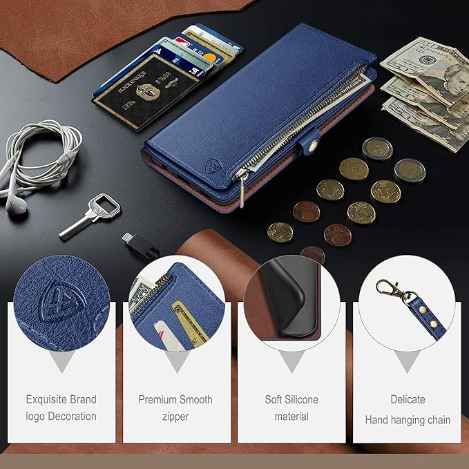 XcaseBar Compatible with iPhone 17 6.3" Wallet case with Zipper Credit Card Holder【RFID Blocking】,Flip Folio Book PU Leather Phone case Shockproof Cover Women Men for Apple 17 case Blue