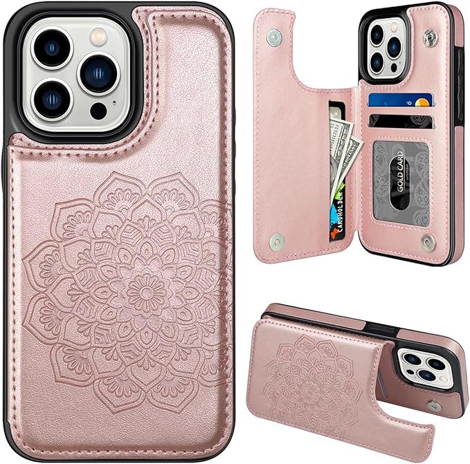 MMHUO for iPhone 15 Pro Case with Card Holder,Flower Magnetic Buttons Protective Wallet Case for Women for iPhone 15 Pro,Rose Gold