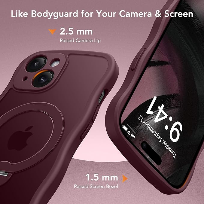 GolbinBox for iPhone 15 Plus Case for Women,[Compatible with Magsafe][360° Spin Magnetic Stand][Cute Wave Edge][Military-Grade Protection] Translucent Matte Phone Case for iPhone 15 Plus, Wine Red