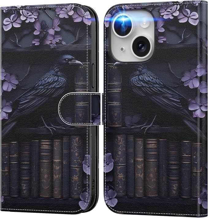 DEENAKIN for iPhone 15 Wallet Case with Card Holder + Cash Clip, RFID-Blocking, Military-Grade Drop Protection, Magnetic Closure with Leather Kickstand - Purple Floral & Raven