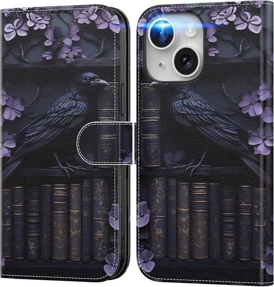 DEENAKIN for iPhone 15 Plus Wallet Case with Card Holder + Cash Clip, RFID-Blocking, Military-Grade Drop Protection, Magnetic Closure with Leather Kickstand - Purple Floral & Raven