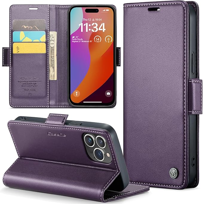 for iPhone 15 Pro Case, Premium PU Leather Wallet Case Flip Cover with [RFID Blocking][Card Holder][Stand Function] Shockproof Protective for iPhone 15 Pro, Purple