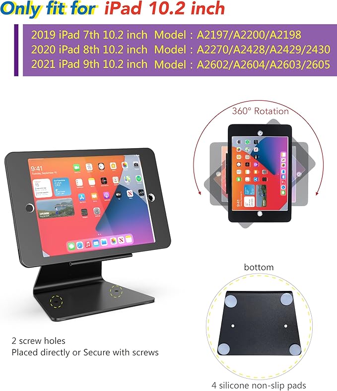 Desktop Anti-Theft Security Kiosk Stand Holder Enclosure for iPad 10.2-Inch (9th Gen.2021,8th Gen.2020,7th Gen.2019),with Lock and Key,Flip &360°Rotating Horizontal or Vertical Design(Black)