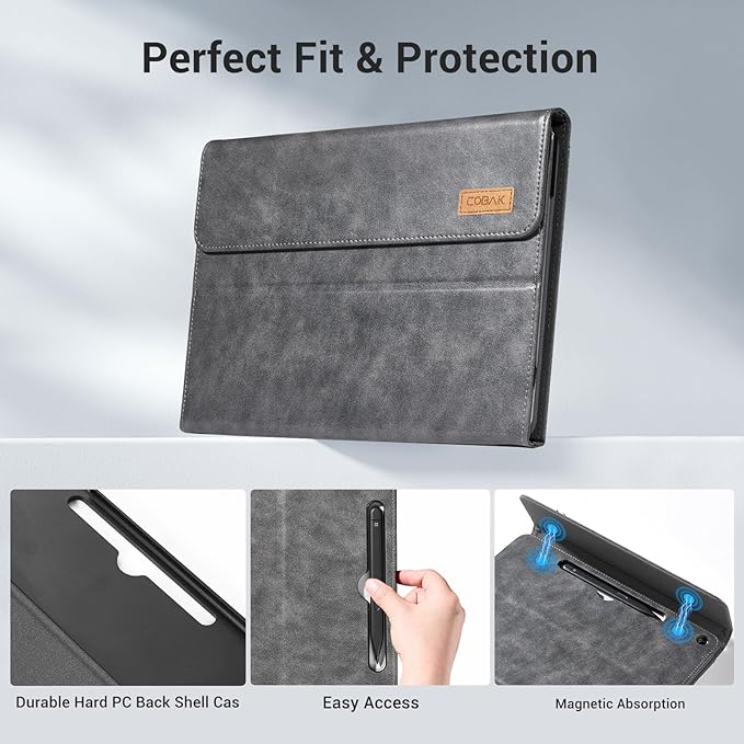 CoBak Case for Microsoft Surface Pro 12" (2025), Premium Business Cover with Multi-Angle Stand, Embedded Stylus Holder, Keyboard Support & Built-in Organizer – Tailored for Professionals,Cowhide Gray