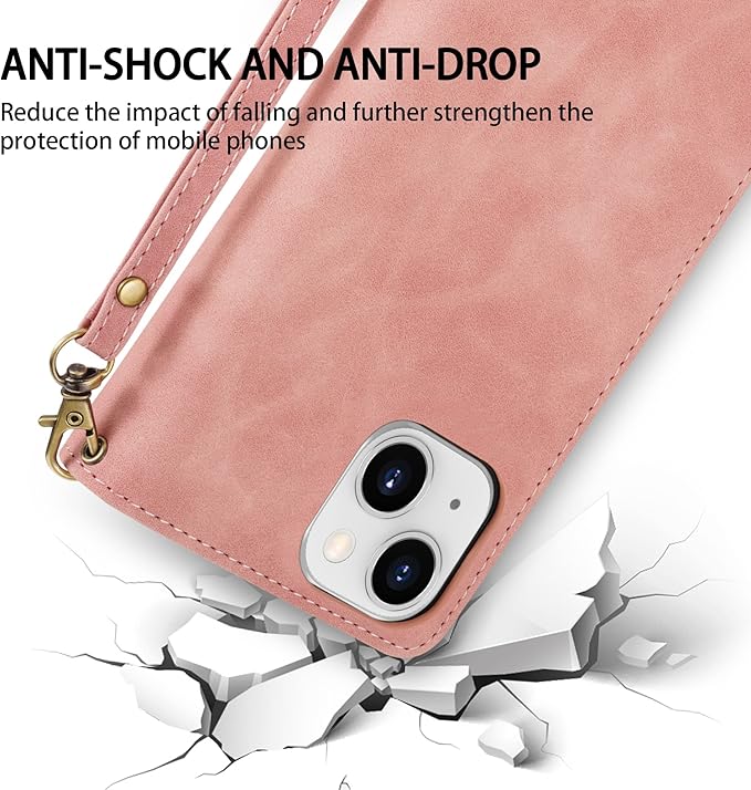 ZZXX for iPhone 14 Plus Case Wallet with [RFID Blocking] Card Slot Premium Soft PU Leather Zipper Flip Folio with Wrist Strap Kickstand Protective Cover for iPhone 14 Plus Wallet Case(Pink-6.7 inch)