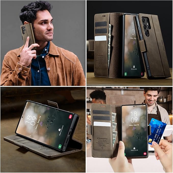 Wallet Case for Samsung Galaxy S25 Ultra Leather Wallet Flip Cover with Card Holder, Kickstand, Magnetic Closure, RFID Blocking TPU Shockproof Phone Case Compatible with S25 Ultra, Coffee