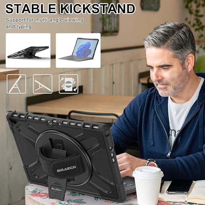 BRAECN Case for Surface Pro 8-13 Inch 2021, Rugged with 360° Rotating Stand/Hand Strap & Keyboard Adsorption Interface for Microsoft Surface Pro 8 2021 -Black