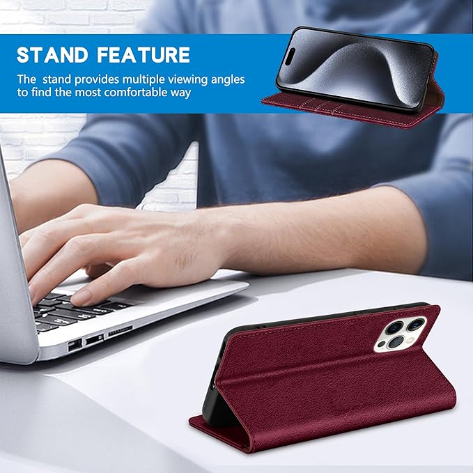 ZZXX for iPhone 15 Pro Wallet Case with [RFID Blocking] Card Slot Stand Strong Magnetic Leather Flip Fold Protective Phone Case for iPhone 15 Pro Case Wallet(Wine Red-6.1 inch)