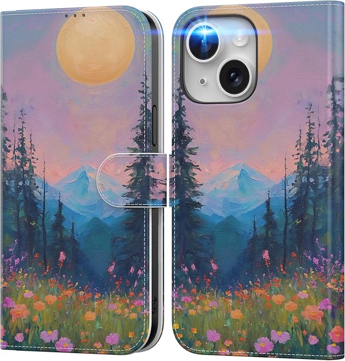 DEENAKIN for iPhone 15 Wallet Case with Card Holder + Cash Clip, RFID-Blocking, Military-Grade Drop Protection, Magnetic Closure with Leather Kickstand - Mountain Blossom Glow