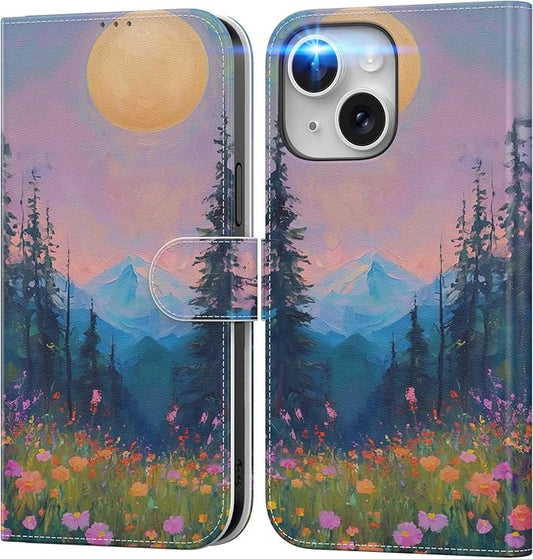 DEENAKIN for iPhone 15 Wallet Case with Card Holder + Cash Clip, RFID-Blocking, Military-Grade Drop Protection, Magnetic Closure with Leather Kickstand - Mountain Blossom Glow