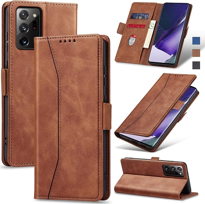 Jasonyu Flip Wallet Case for Samsung Galaxy Note 20 Ultra,Leather Magnetic Folio Cover with Card Holder,Kickstand - TPU Shockproof Durable Protective Phone Case,Brown